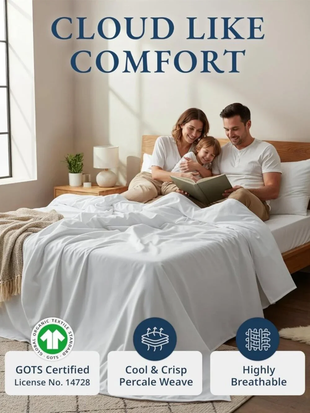 Queen Size 4pc Organic Cotton Linen Sheets Set - Cooling Percale, White